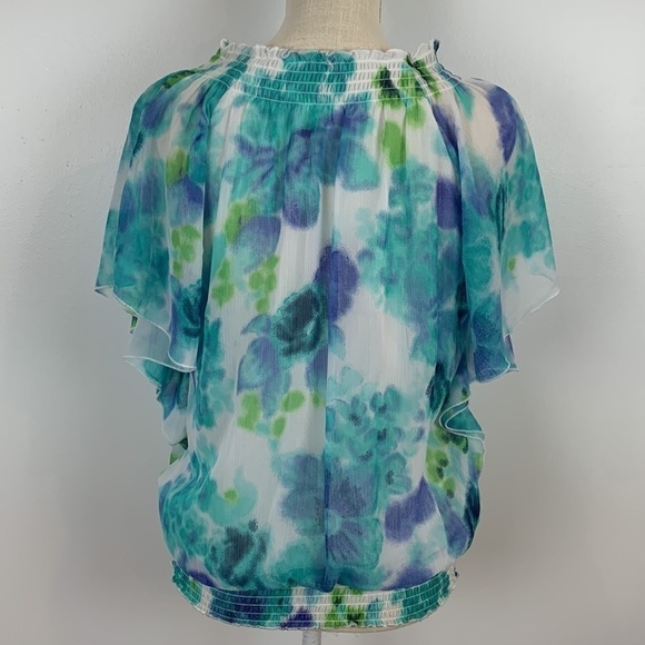 Massini Shirred Floral Blouse Flutter Angel Sleeves Size Large - Picture 4 of 12